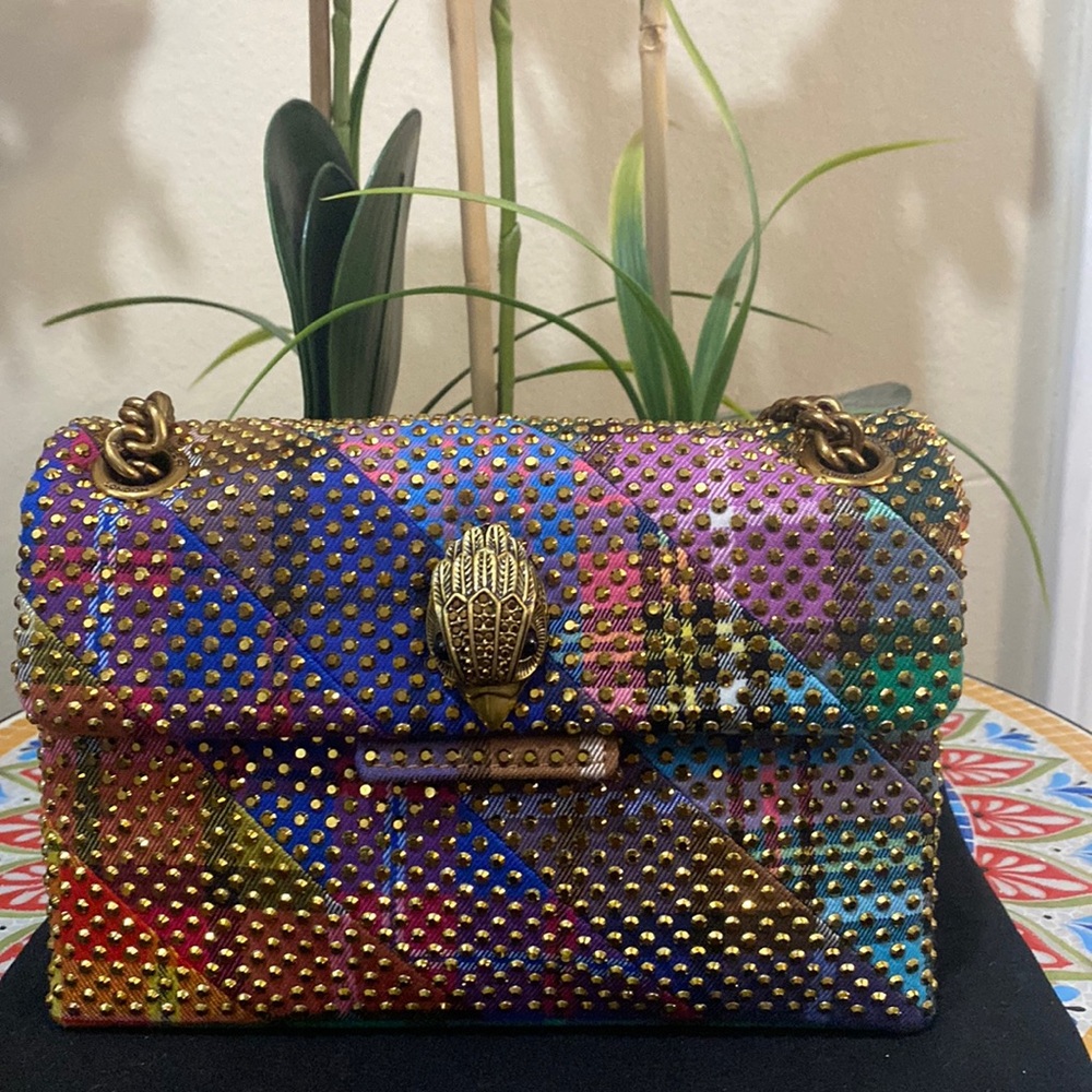 Kurt Geiger Plaid Fabric Mini Kensington Rhinestone Embellished Shoulder Bag